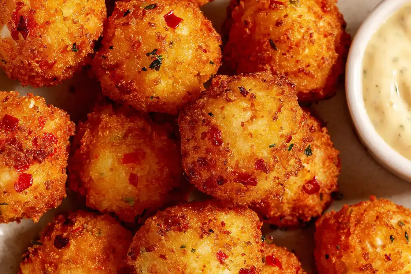 Crispy golden crab balls with chili flakes and herbs served with creamy dipping sauce