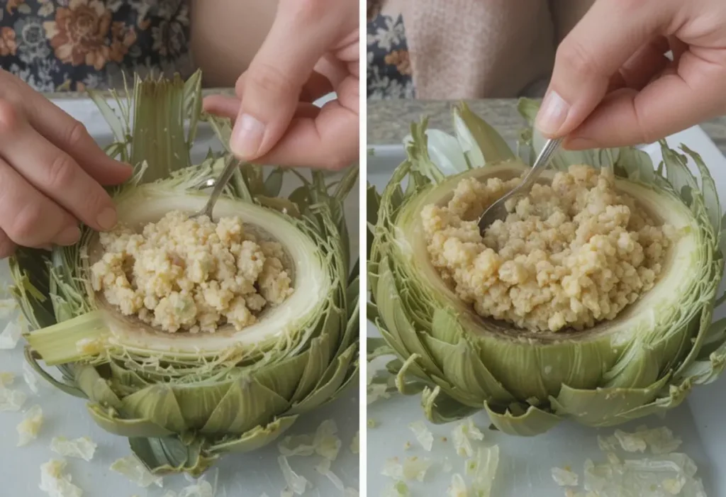 Delectable Stuffed Artichokes Recipe Step-by-Step Hands stuffing artichokes with a breadcrumb mixture, showcasing the recipe's fresh ingredients and preparation.