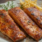 Juicy smoked mullet fillets with a golden-brown glaze, served on a white plate with lemon wedges and fries.