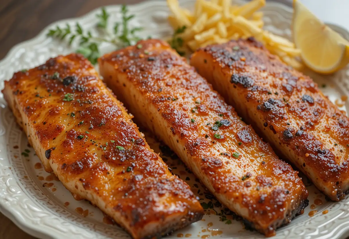Juicy smoked mullet fillets with a golden-brown glaze, served on a white plate with lemon wedges and fries.