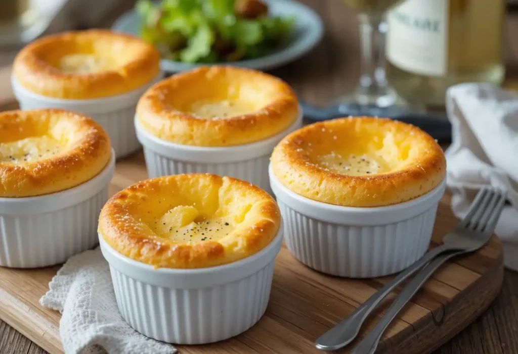 Golden-brown parmesan soufflés in white ramekins, sprinkled with black pepper, served on a wooden board
