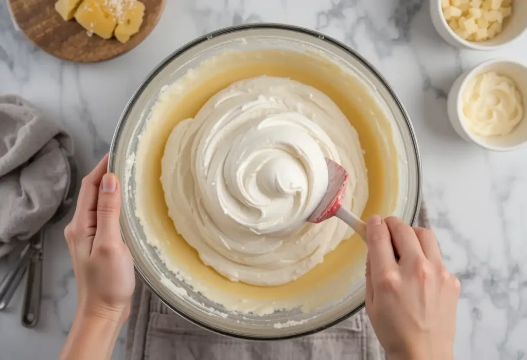 Fold fluffy whipped egg whites into a creamy parmesan soufflé batter in a glass bowl