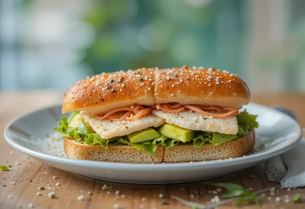 Smoked fish sandwich with lettuce, cucumber, and a sesame seed bun.