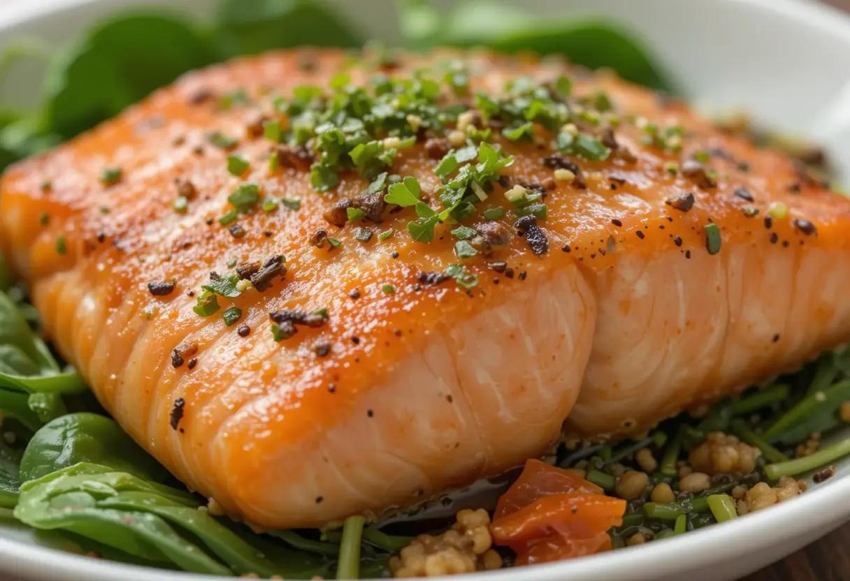 A perfectly cooked salmon fillet seasoned with garlic and herbs, served on fresh spinach with pearl couscous and roasted tomatoes.