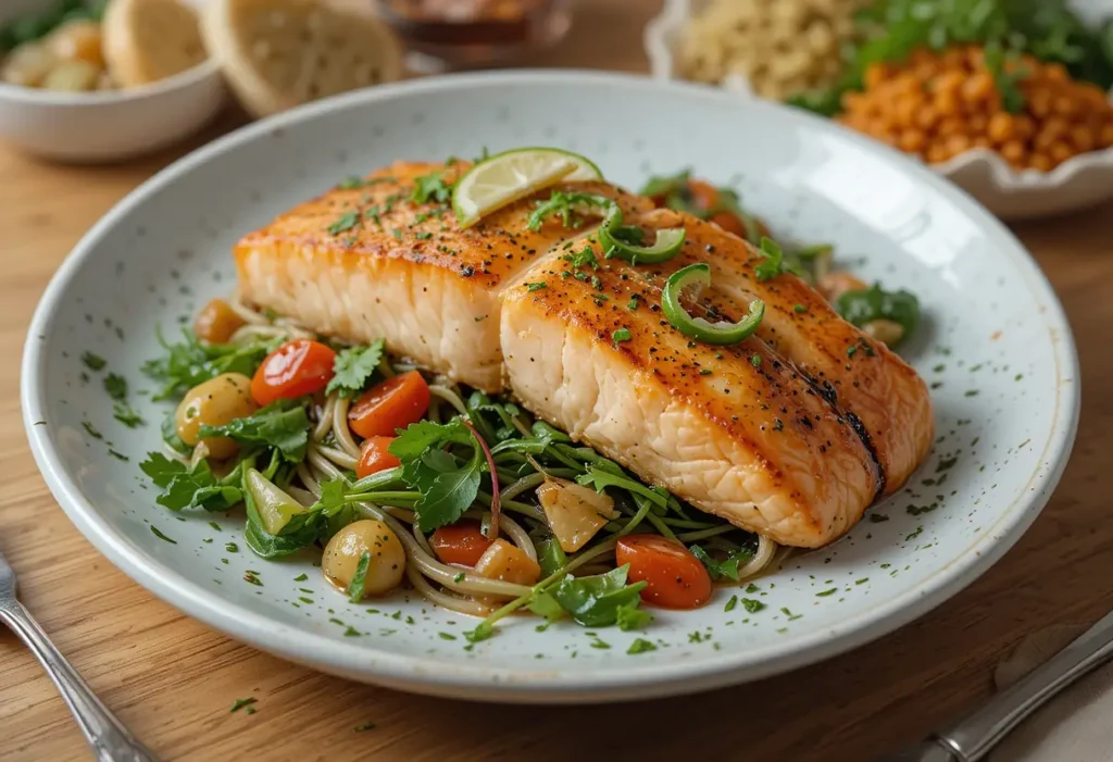 A beautifully glazed salmon fillet served over a bed of herb-infused noodles, cherry tomatoes, and fresh greens, garnished with lime slices and jalapeños.