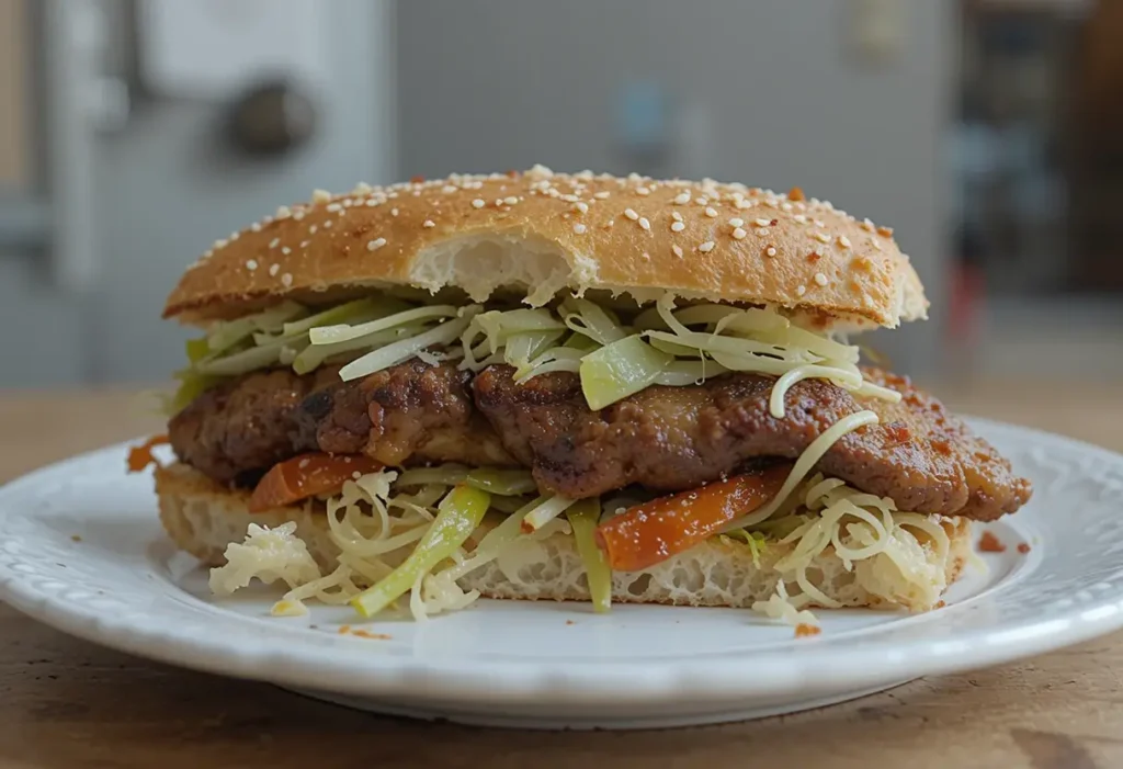 Smoked fish sandwich with vegetables, melted cheese, and a sesame seed bun.