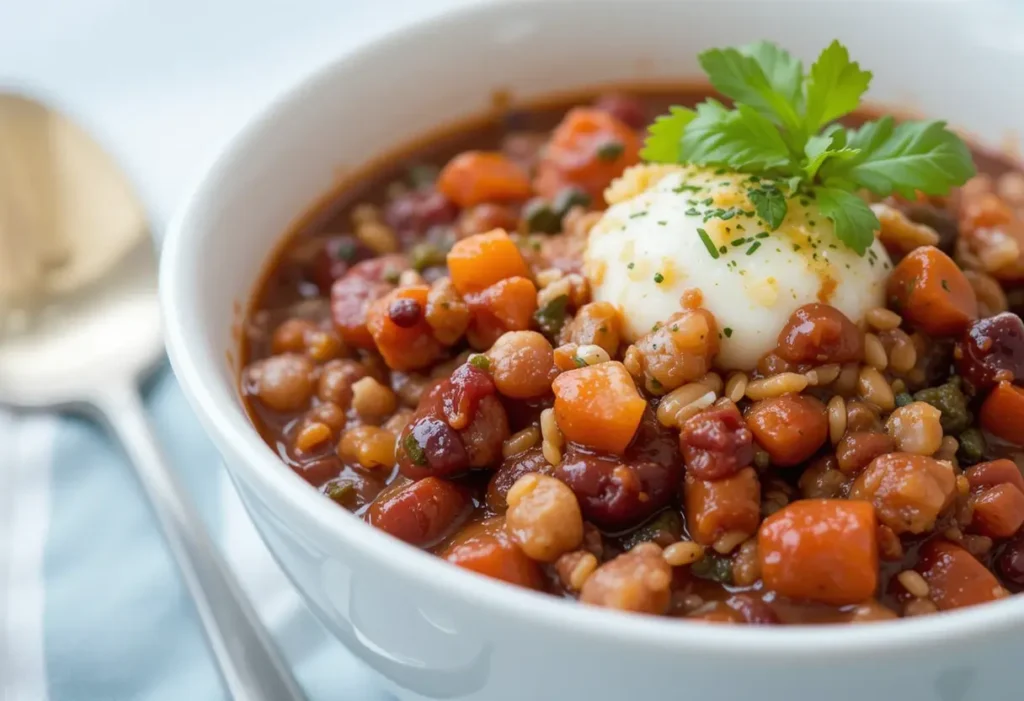 A bowl of Turkey Cranberry Chili with beans, vegetables, and a poached egg, garnished with fresh parsley, served in a white bowl.