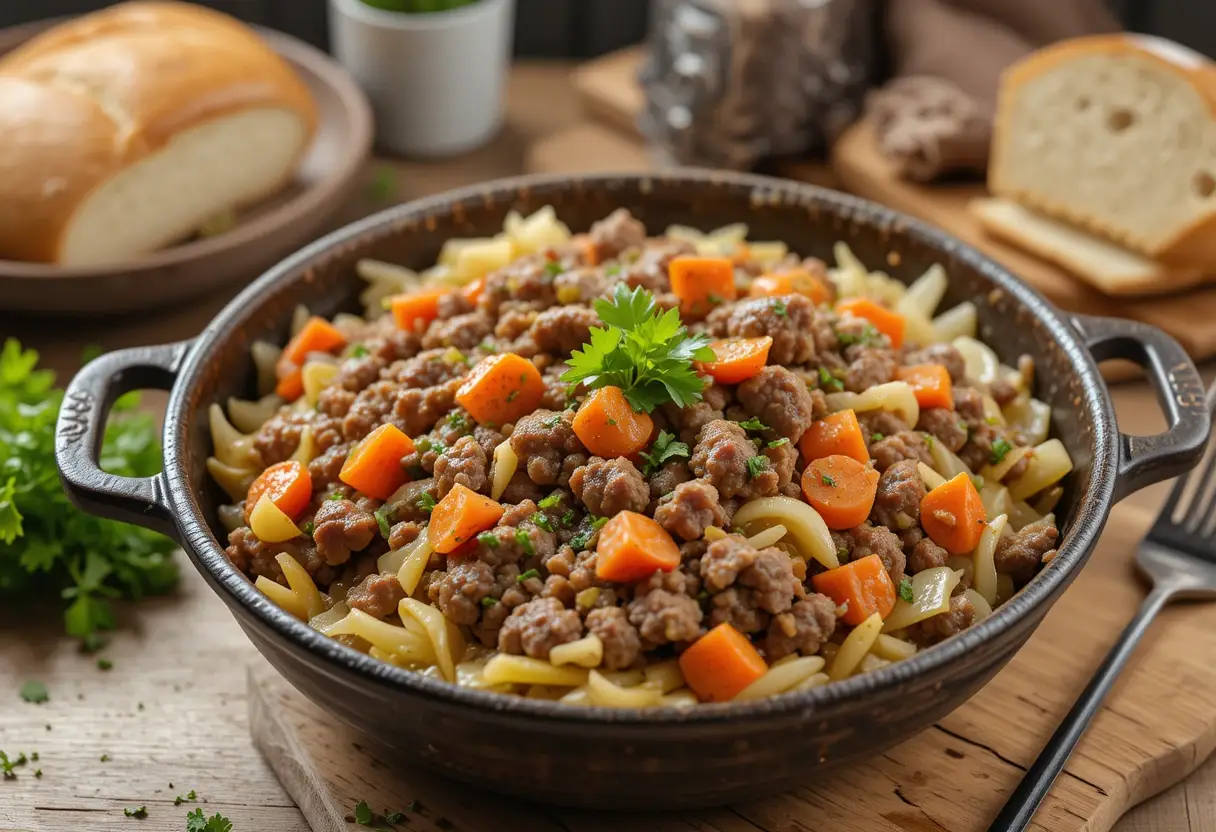 Hamburger cabbage skillet with ground beef, carrots, and onions, served in a rustic pan and garnished with parsley.