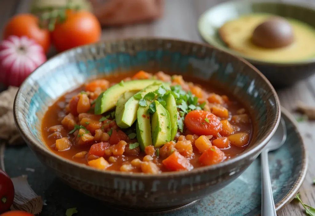 Hearty Vegetable Soup with Avocado – A Nutritious and Flavorful Meal A bowl of Chilean Tomato Stew topped with fresh avocado slices and cilantro, featuring vibrant tomatoes and root vegetables.