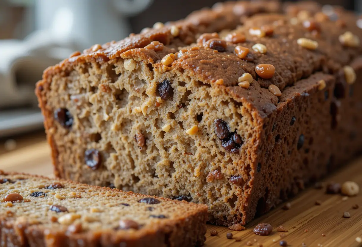 A freshly baked date nut bread with a golden-brown crust, sliced to reveal its moist, fluffy interior, filled with raisins and crunchy nuts.