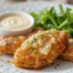 Juicy chicken tenders glazed with honey and apple sauce, accompanied fresh herbs.