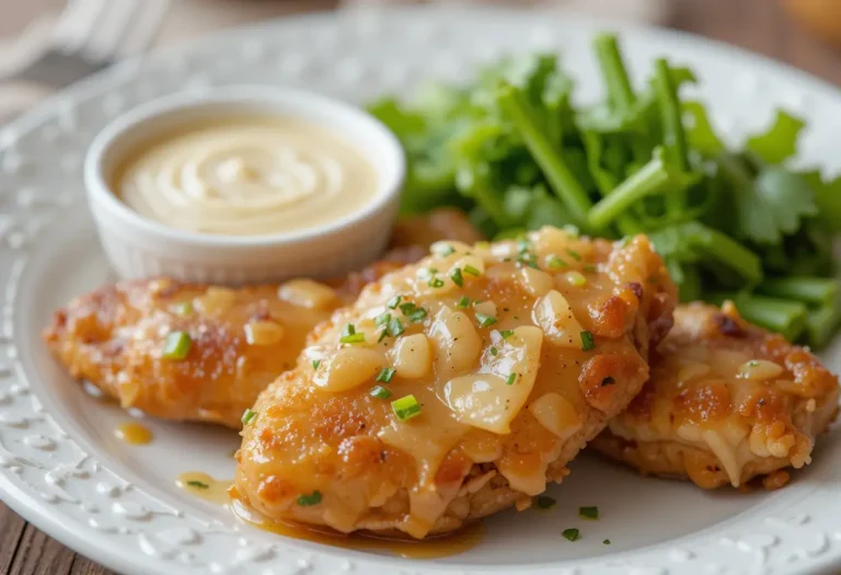 Juicy chicken tenders glazed with honey and apple sauce, accompanied fresh herbs.