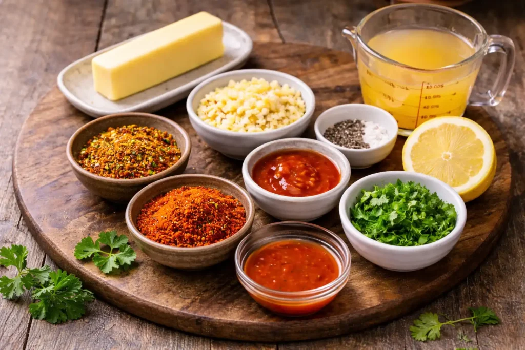 Seafood boil sauce ingredients, including butter, garlic, Cajun seasoning, hot sauce, lemon, and fresh parsley.