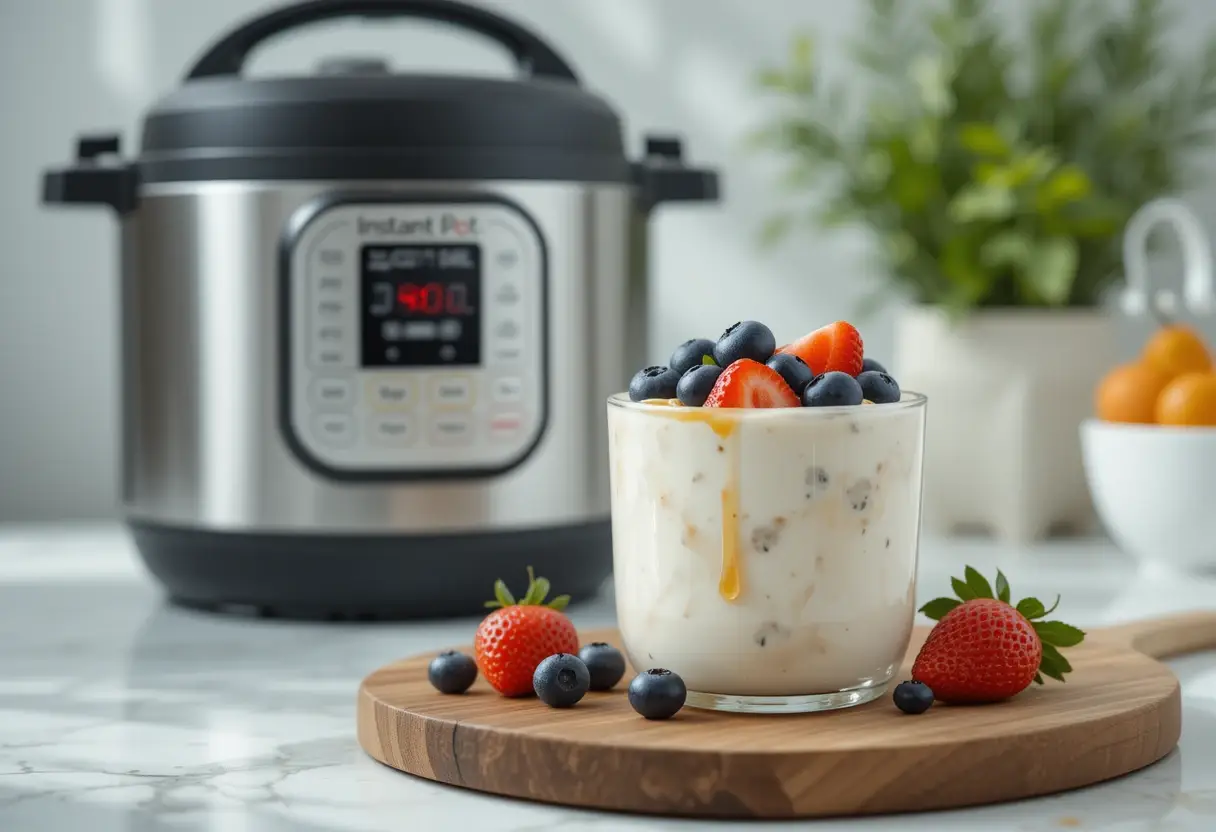 Instant Pot yogurt topped with fresh berries and honey, served in a glass with the Instant Pot in the background.