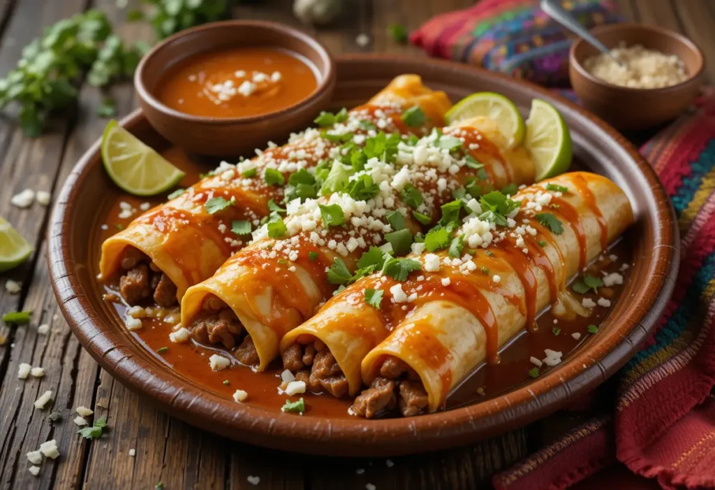 Birria enchiladas with red consommé, queso fresco, and cilantro.