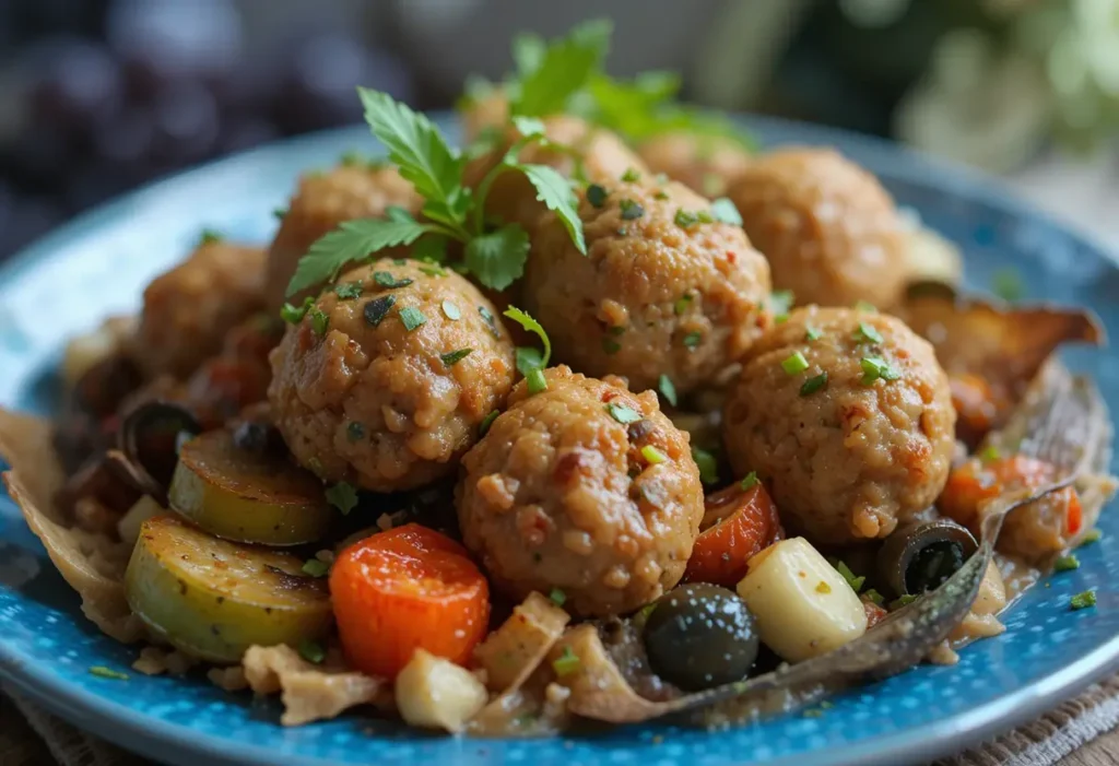 A delicious Meatball Casserole recipe featuring tender, seasoned meatballs served over roasted zucchini, carrots, olives, and other Mediterranean-style vegetables, garnished with fresh herbs.
