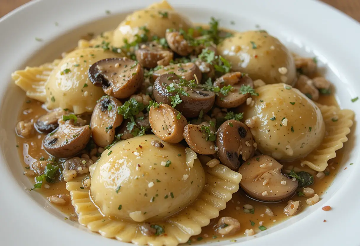 A plate of mushroom ravioli served with sautéed mushrooms, walnuts, and fresh herbs in a rich garlic butter sauce.