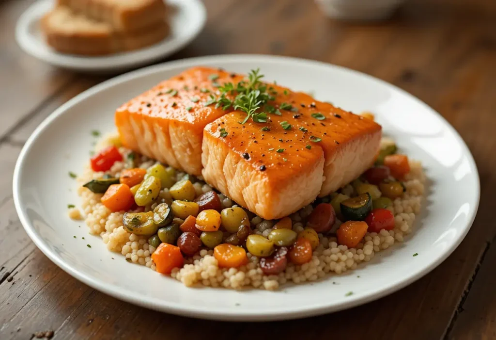 A perfectly seared Mediterranean salmon fillet served on a bed of fluffy couscous, accompanied by colorful roasted vegetables and garnished with fresh herbs.