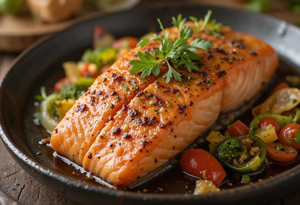 A perfectly seared mediteranian salmon fillet with a golden crust, garnished with fresh herbs, served with a side of colorful glazed vegetables in a black skillet.