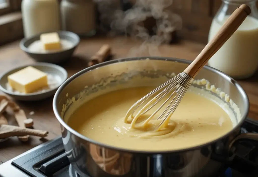 A whisk stirring a creamy cheese sauce in a saucepan