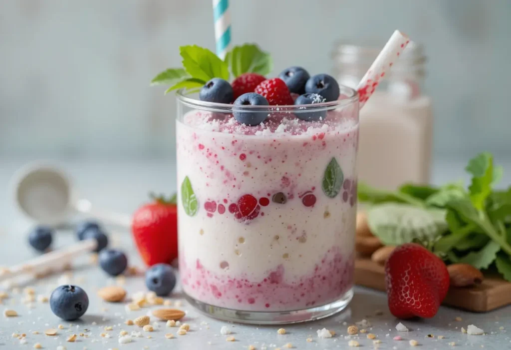 Refreshing Berry Smoothie with Fresh Fruits and Nuts Berry yogurt smoothie with fresh fruits, nuts, and a mint garnish in a glass.