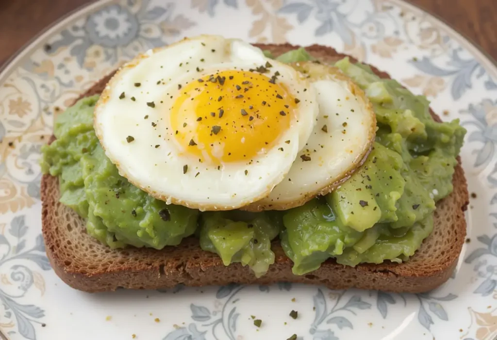 Avocado toast topped with a sunny-side-up egg and black pepper.