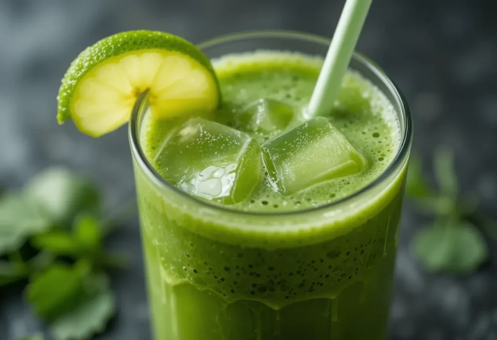 A refreshing green smoothie with leafy greens, avocado, and a lime garnish, served over ice.