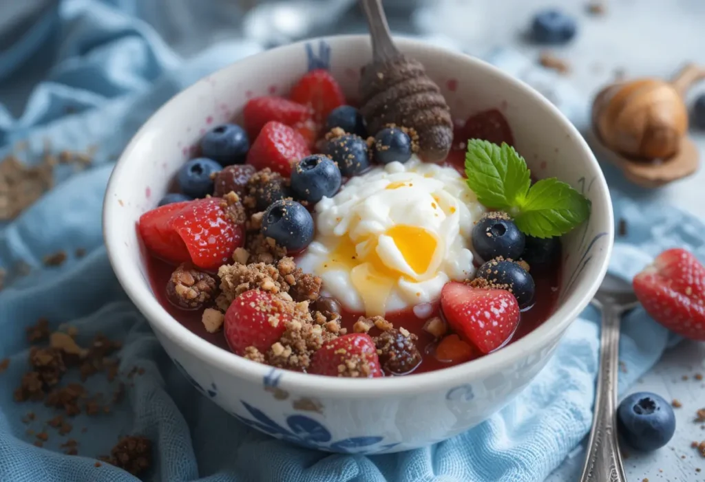 A berry yogurt bowl topped with fresh fruits, granola, honey, and a soft-boiled egg.