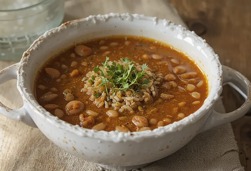 A hearty bowl of bean and rice soup garnished with fresh parsley.