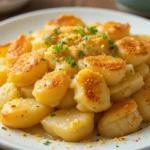 Creamy scalloped potatoes with a golden crust and fresh parsley garnish, served on a white plate.