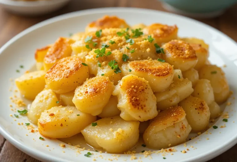 Creamy scalloped potatoes with a golden crust and fresh parsley garnish, served on a white plate.