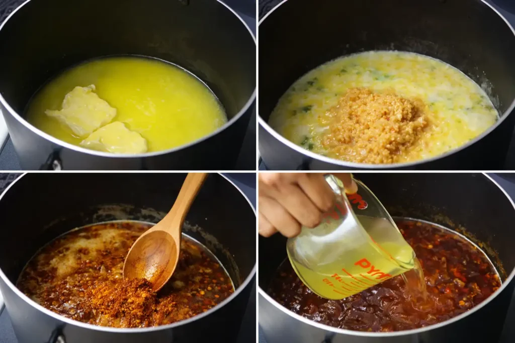 A step-by-step image series showing the preparation of a seafood boil sauce, including the melting butter, adding garlic, incorporating spices, and finishing with lemon juice and hot sauce.