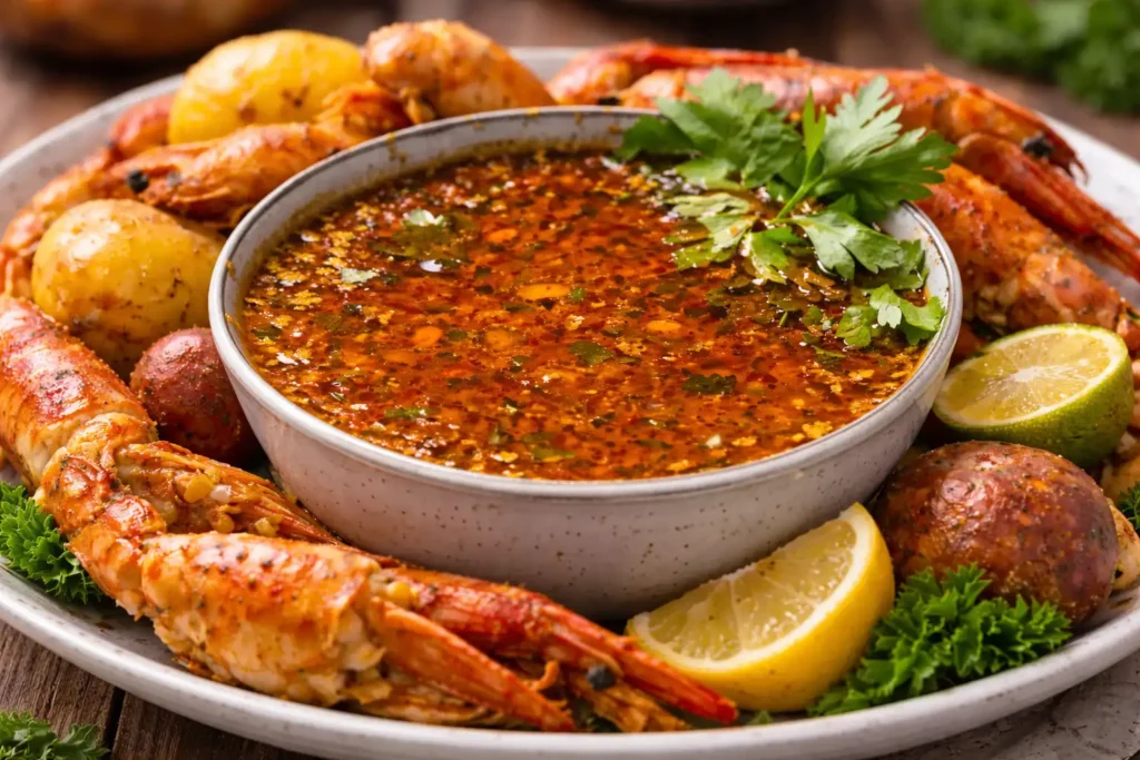 A rich, golden seafood boil sauce in a bowl, surrounded by shrimp, potatoes, and corn, garnished with fresh parsley and lemon wedges.