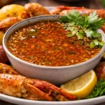 A rich, golden seafood boil sauce in a bowl, surrounded by shrimp, potatoes, and corn, garnished with fresh parsley and lemon wedges.