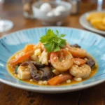 A delicious Seafood Delight of sautéed shrimp with a colorful medley of vegetables, garnished with fresh parsley on a blue plate.