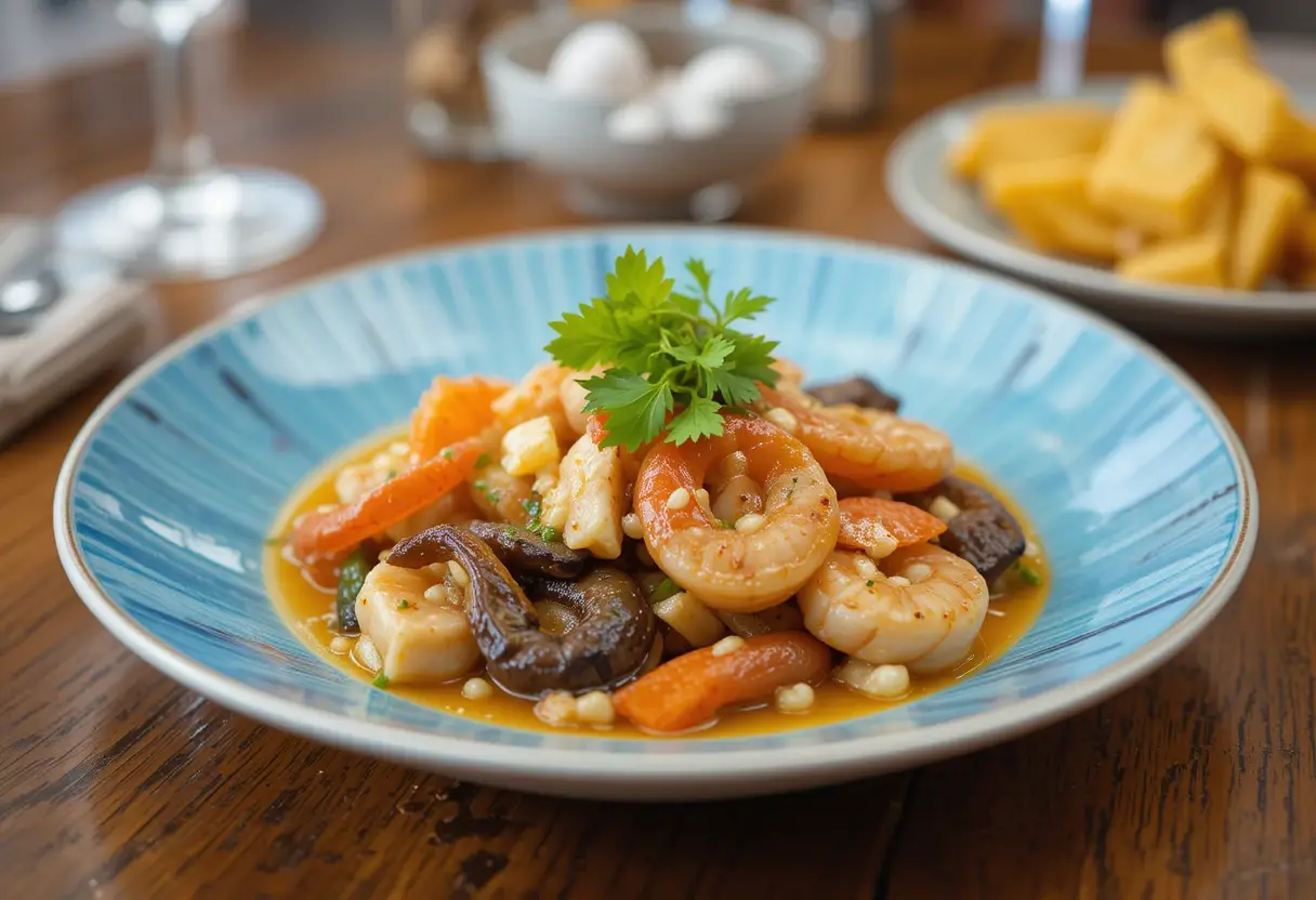 A delicious Seafood Delight of sautéed shrimp with a colorful medley of vegetables, garnished with fresh parsley on a blue plate.