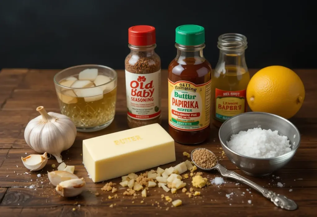 Key ingredients for seafood boil sauce including butter, garlic, Old Bay seasoning, paprika, lemon, salt, and broth displayed on a wooden table.