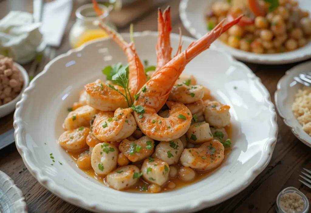 A Seafood Delight dish showcasing tender shrimp and scallops garnished with herbs, served in a savory sauce on a white plate.