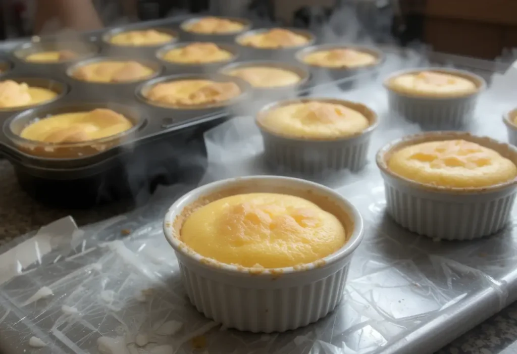 Individual ramekins filled with golden, fluffy soufflés fresh out of the oven, releasing steam.