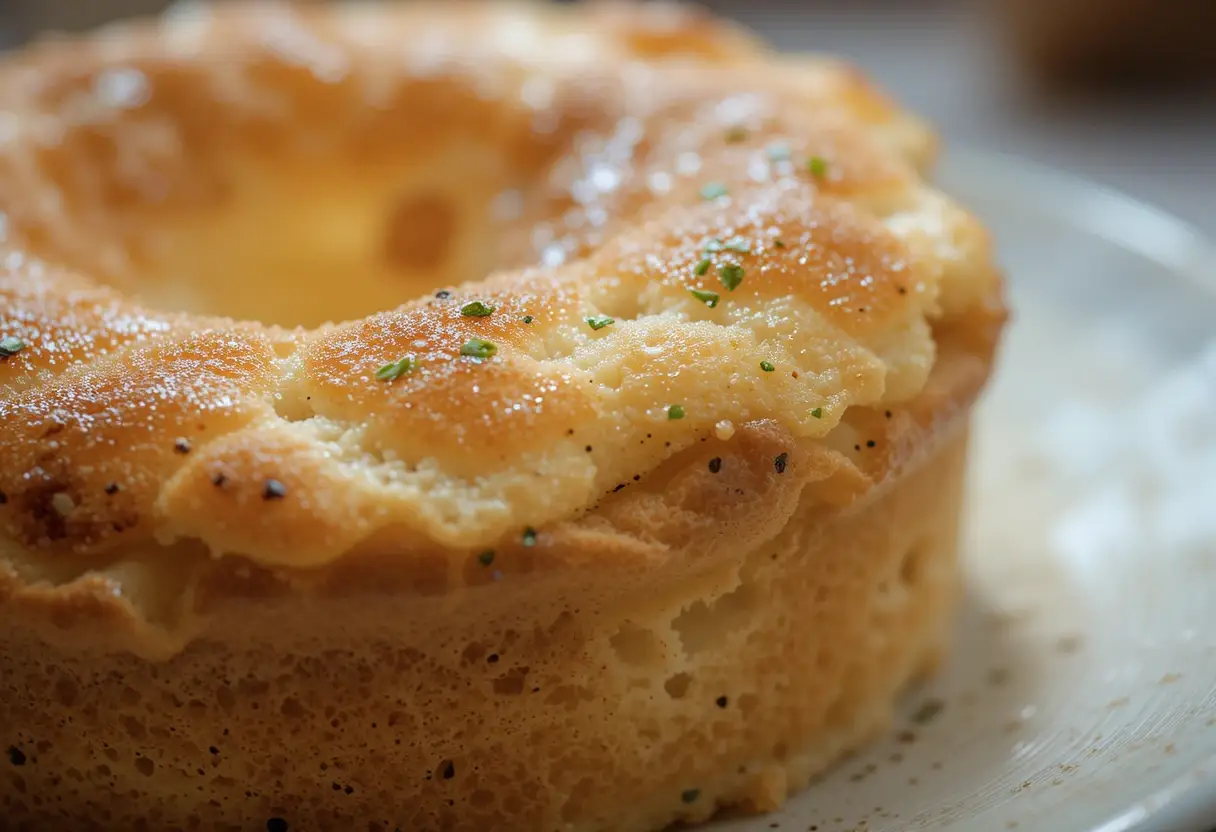Close-up of a beautifully baked soufflé showing the secret to a good soufflé, with a golden top and airy texture.