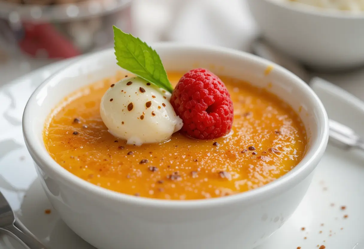 Sweet Potato Brulee with caramelized topping, cream, and a raspberry garnish in a white bowl.