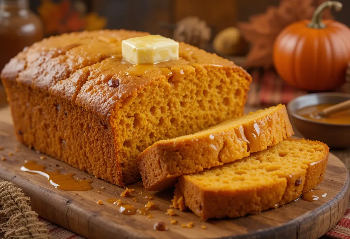 A freshly baked loaf of sweet potato cornbread with a golden crust, topped with melting butter and drizzled with honey.