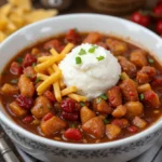 A bowl of Turkey Cranberry Chili topped with shredded cheese, sour cream, and fresh herbs.