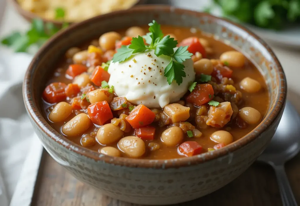 A bowl of Turkey Cranberry Chili with white beans, carrots, and tomatoes, topped with sour cream and fresh parsley.