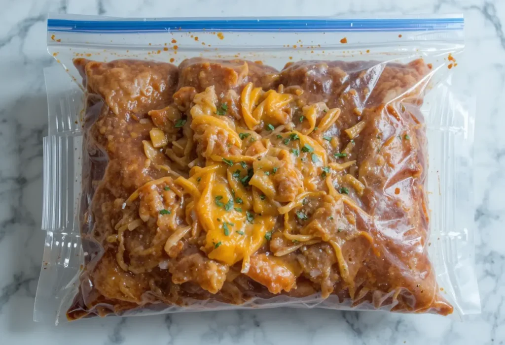 A resealable plastic bag filled with enchiladas, cheese, and sauce, creating a convenient and portable meal option.