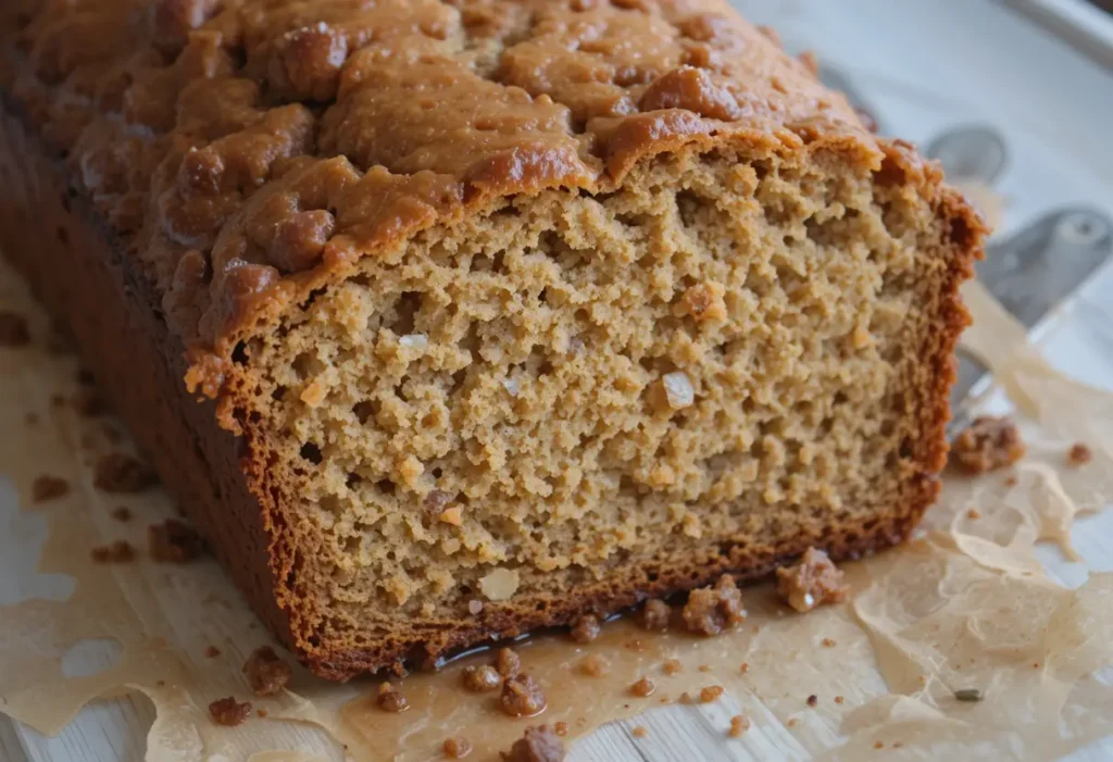 A slice of banana bread with a moist texture.