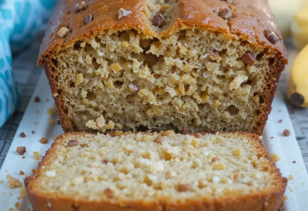 A slice of banana bread with chopped nuts on a white plate.