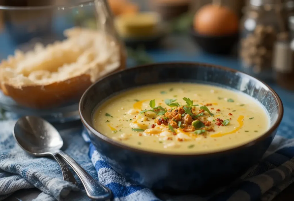 Hearty bowl of potato soup with garnishes.