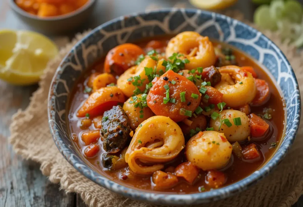 A bowl of seafood boil featuring shrimp, scallops, and vegetables in a rich, spiced broth, garnished with fresh chives.