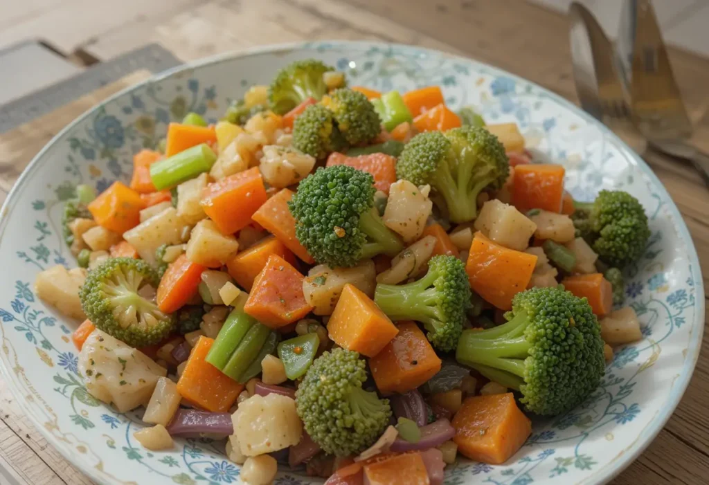 A colorful vegetable stir-fry with broccoli, carrots, and sweet potatoes.